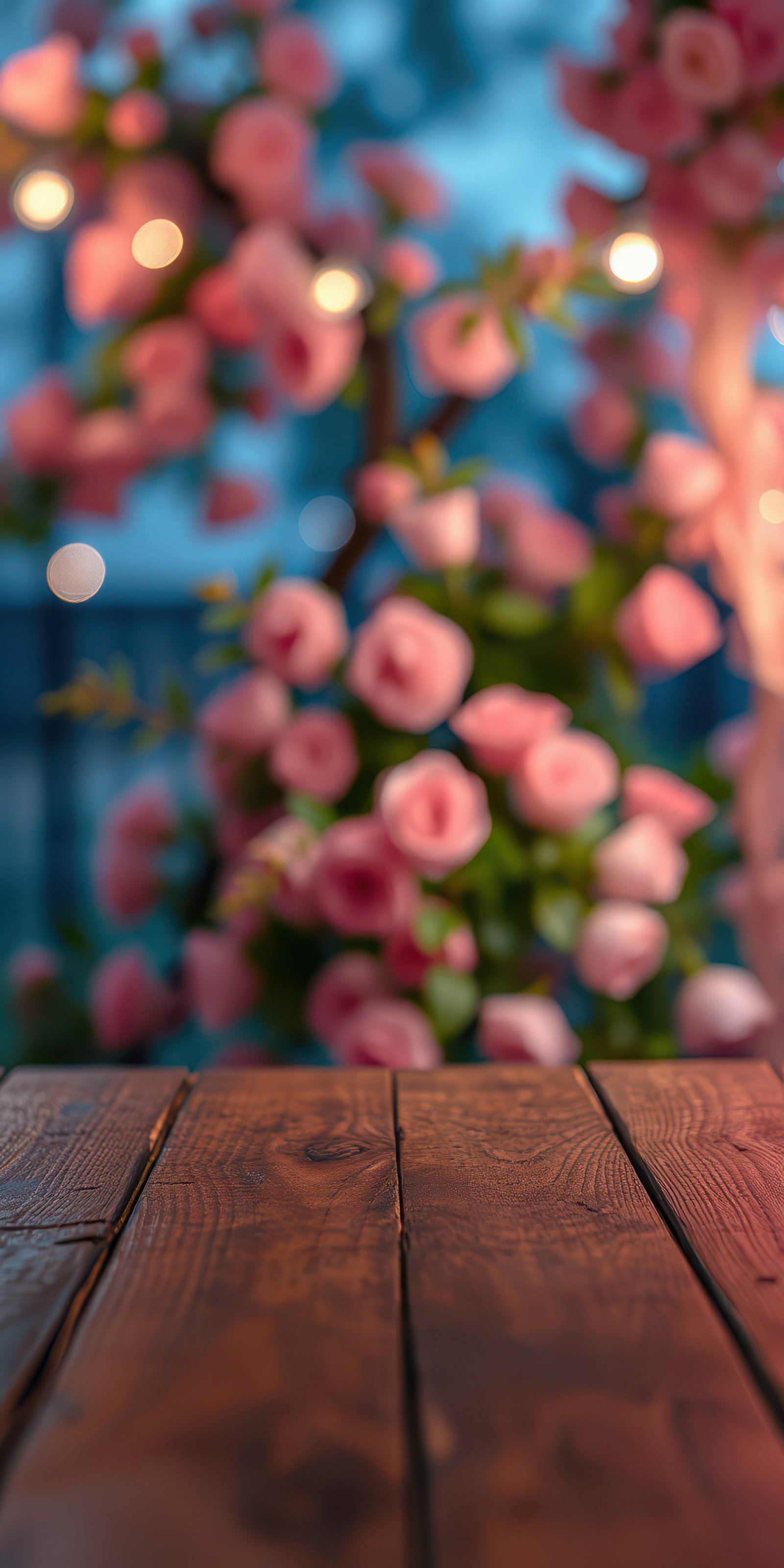 Beautiful wooden table in front of blooming pink roses with soft bokeh lights in the background during twilight